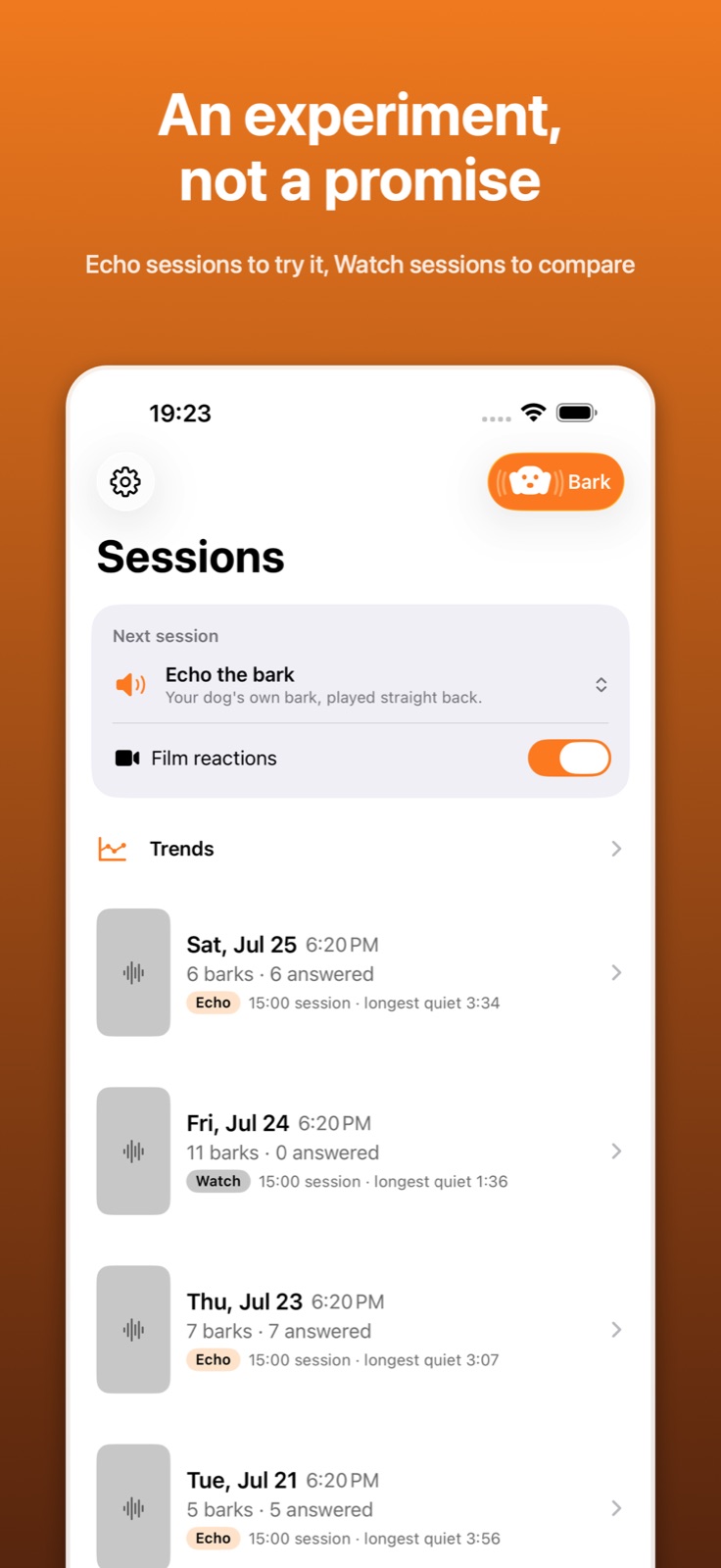 Bark Back sessions list preview