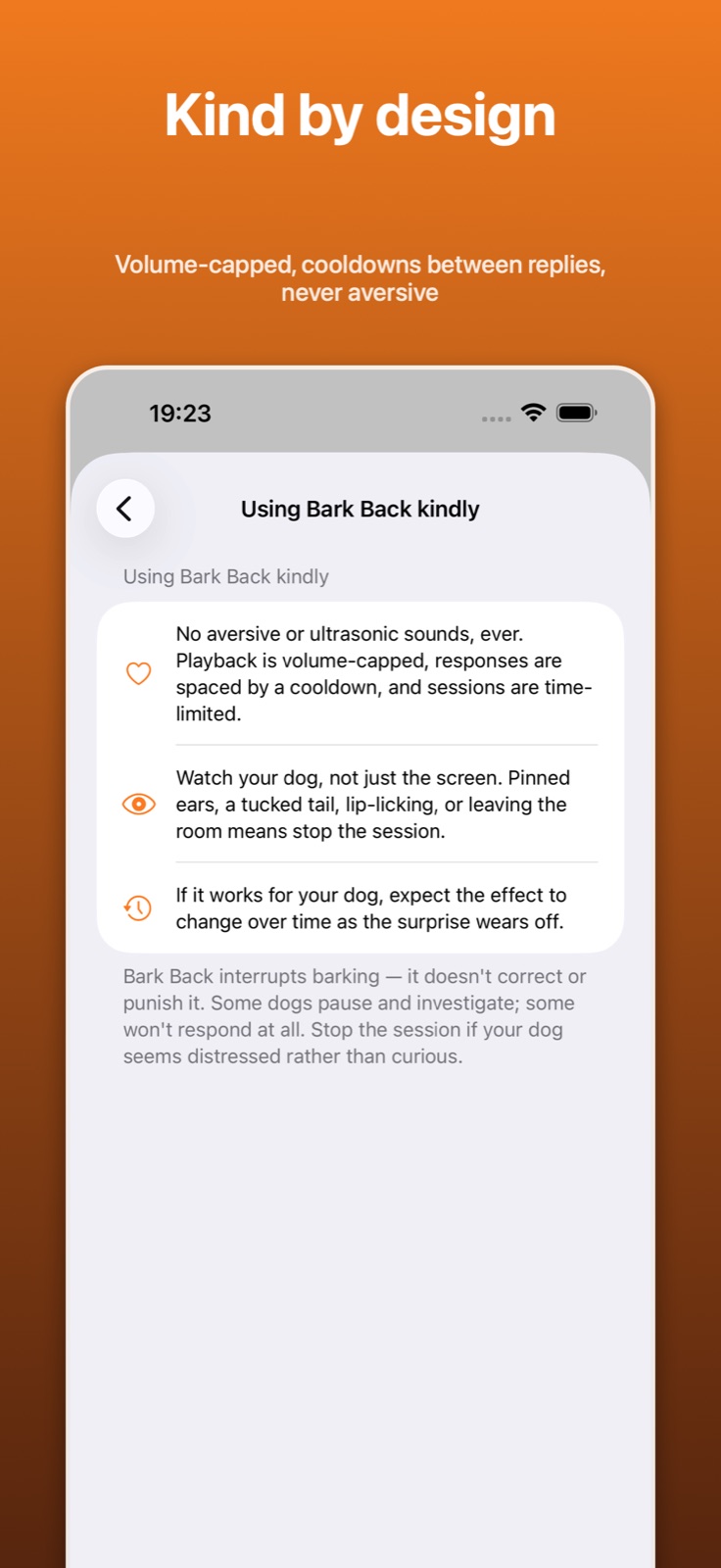 Bark Back welfare guidance: volume-capped, cooldowns between replies, never aversive