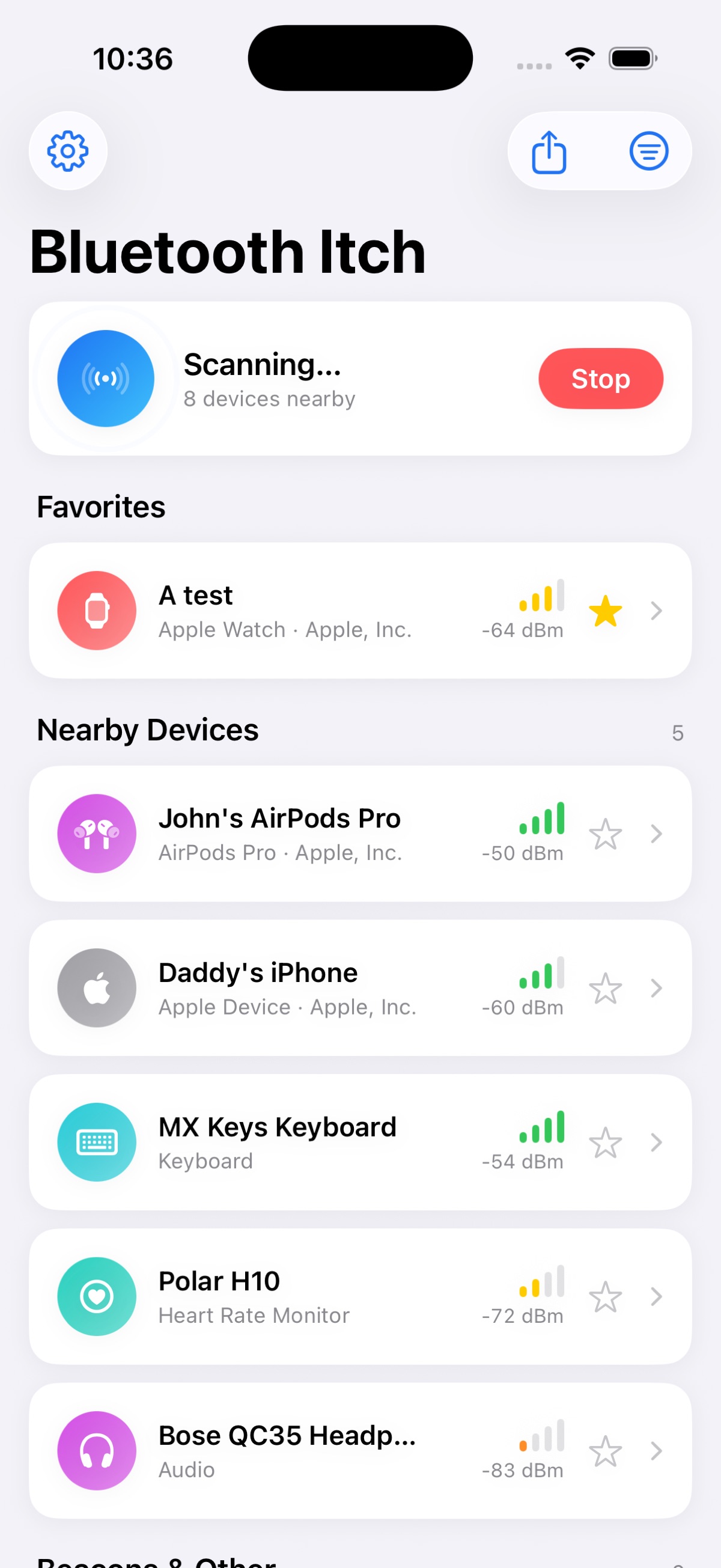 Bluetooth Itch favourites pinned to the top of a live scan