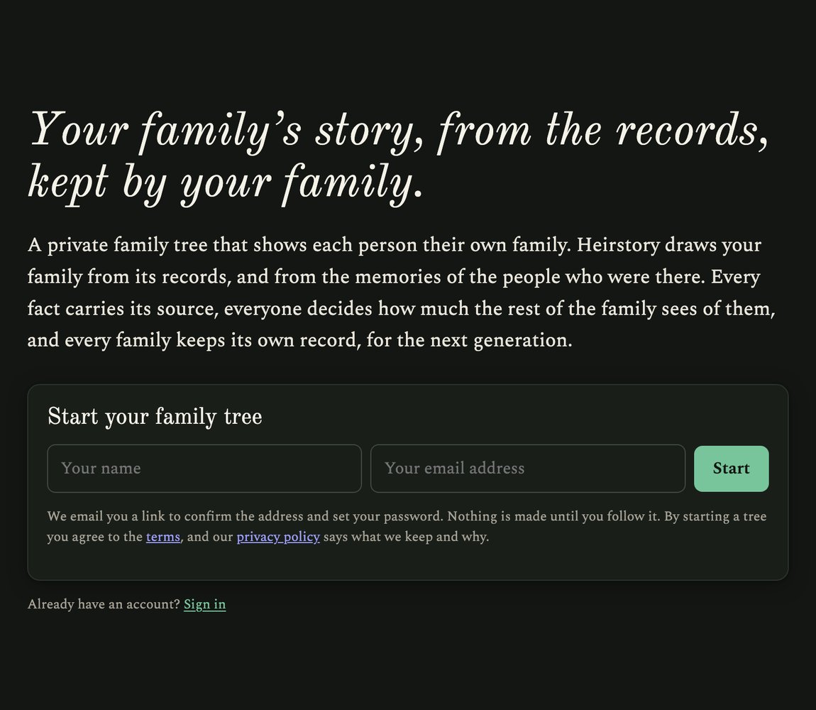 Heirstory home page: your family's story, from the records, kept by your family