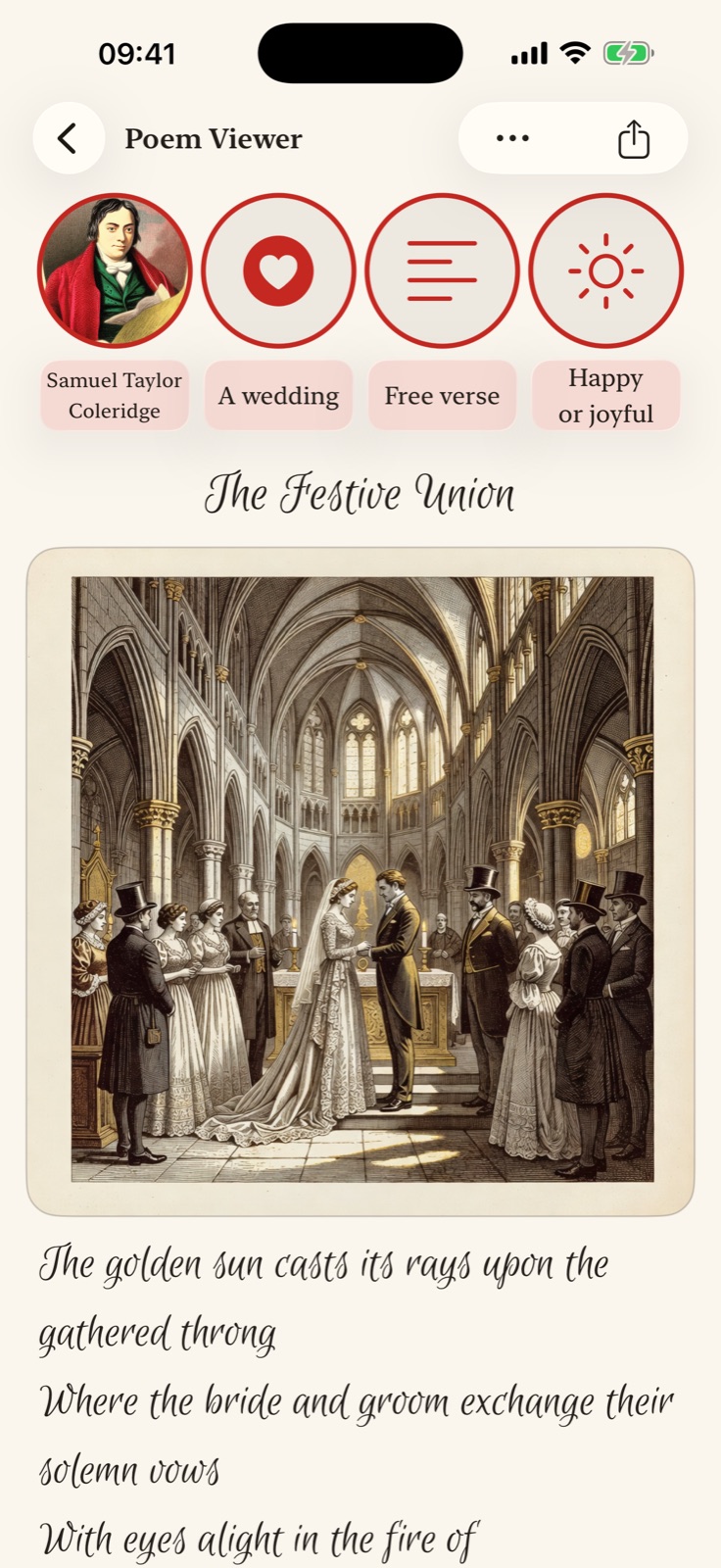 The PoeticÁI Poem Viewer showing 'The Festive Union' with its AI illustration of a wedding