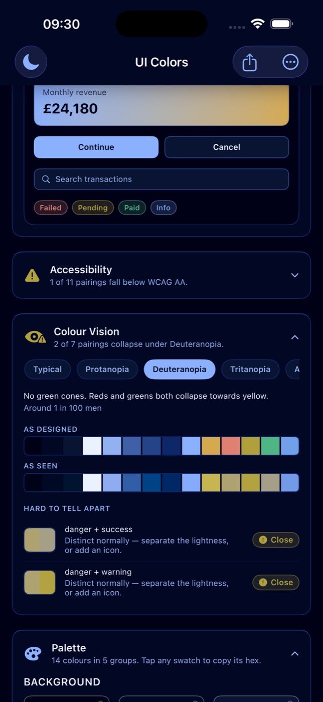 UI Color Palette Designer simulating the palette through protanopia, deuteranopia, tritanopia and achromatopsia
