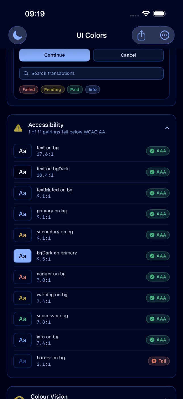 UI Color Palette Designer contrast grading screen