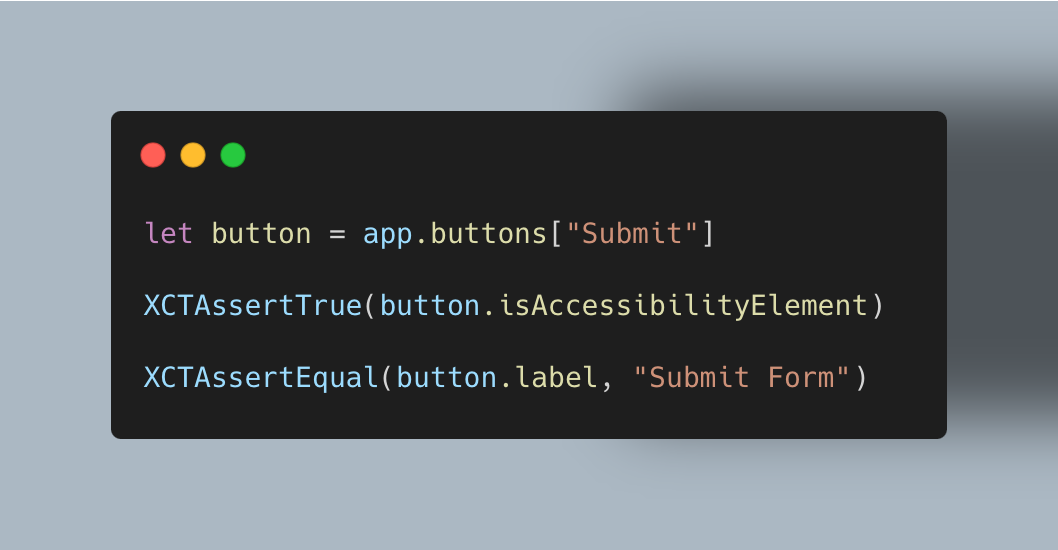A Swift code sample: the three XCUITest lines quoted in the caption.